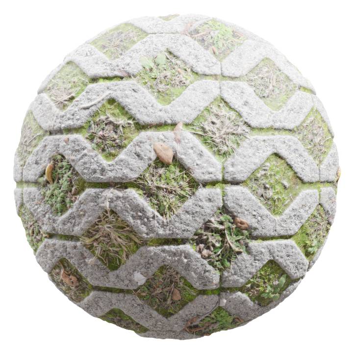 preview render of the free PBR material Mossy Driveway 01 (cc0 texture)