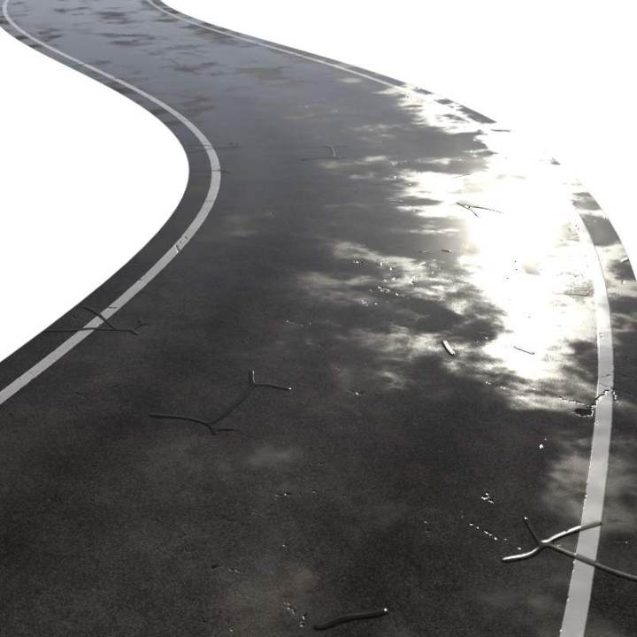 preview render of the free PBR material Single Lane Road Wet 01 (cc0 texture)