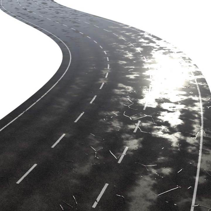preview render of the free PBR material Three Lane Road Wet 01 (cc0 texture)