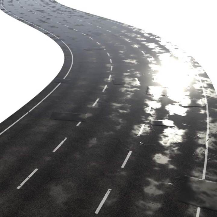 preview render of the free PBR material Three Lane Road Wet 02 (cc0 texture)