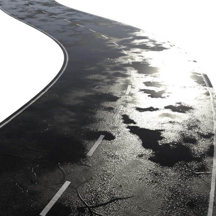 preview render of the free PBR material Two Lane Road Wet 01 (cc0 texture)