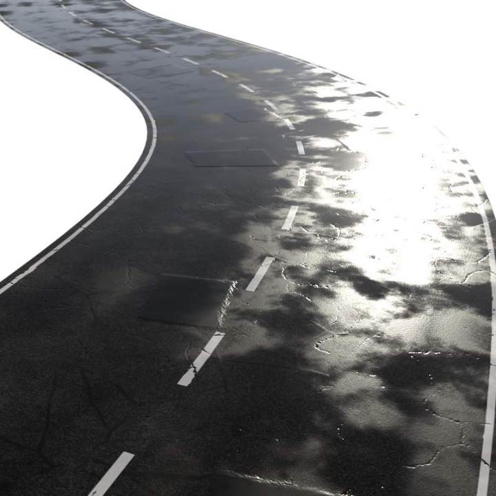 preview render of the free PBR material Two Lane Road Wet 02 (cc0 texture)